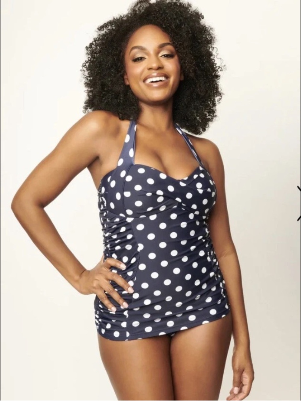 Unique Vintage Navy Blue and White Polka Dot Corinne One-Piece Swim Dress